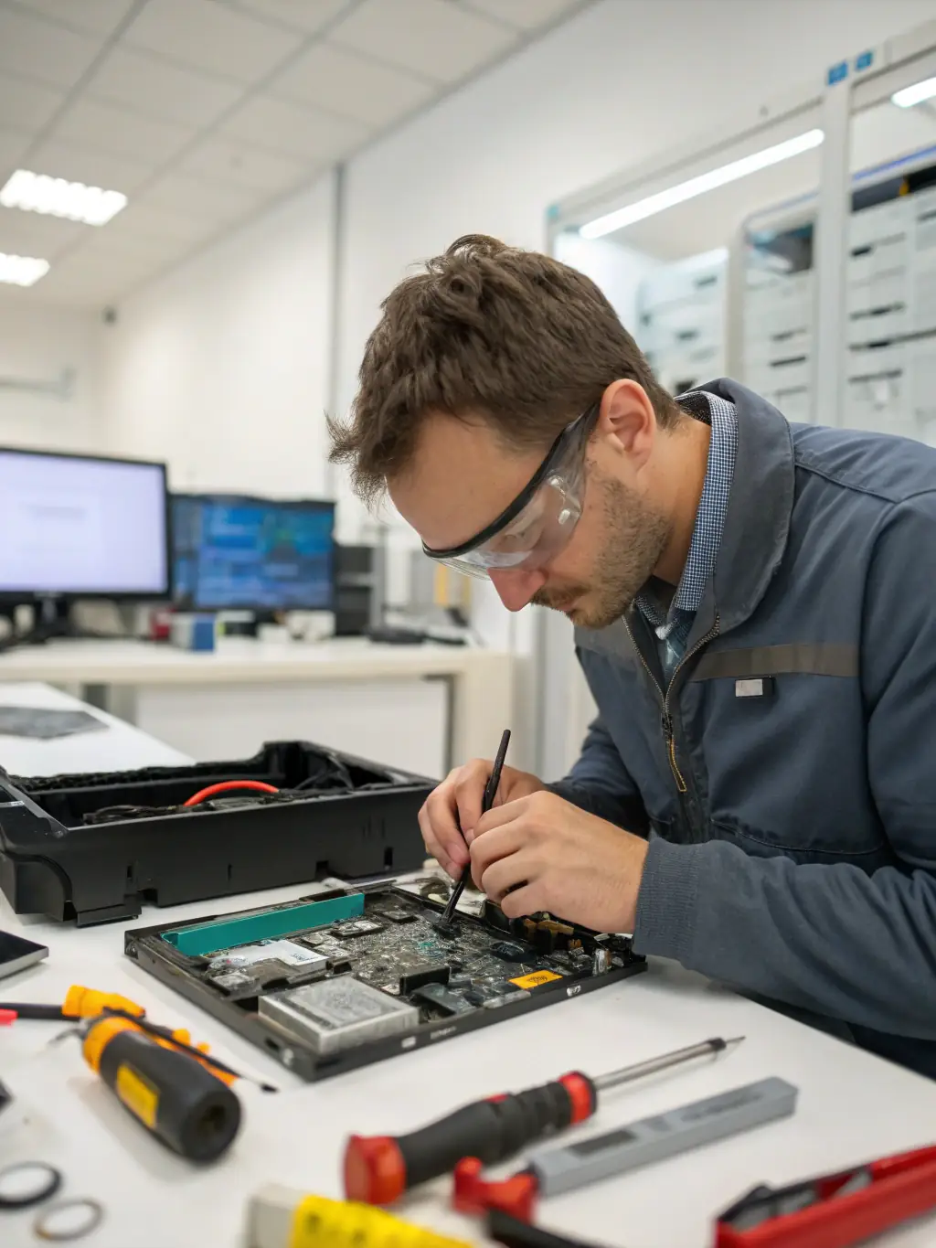 A technician repairing a desktop computer in a well-lit workspace.