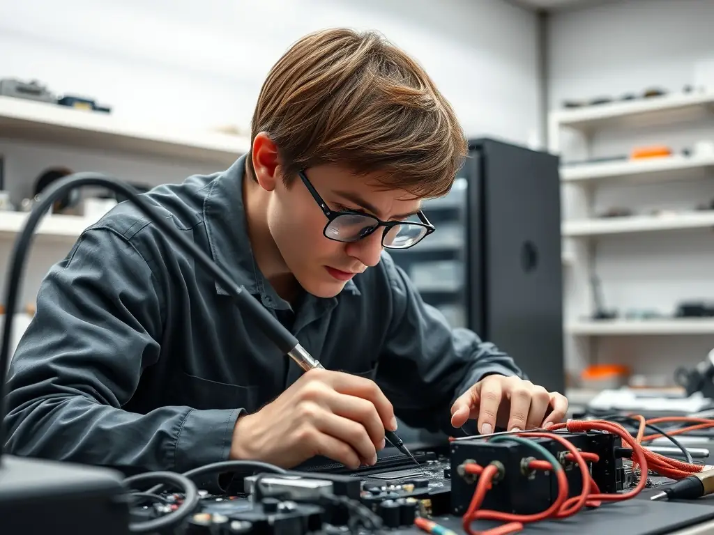 A technician repairing a computer motherboard with specialized tools, highlighting PC repair and diagnostic services.