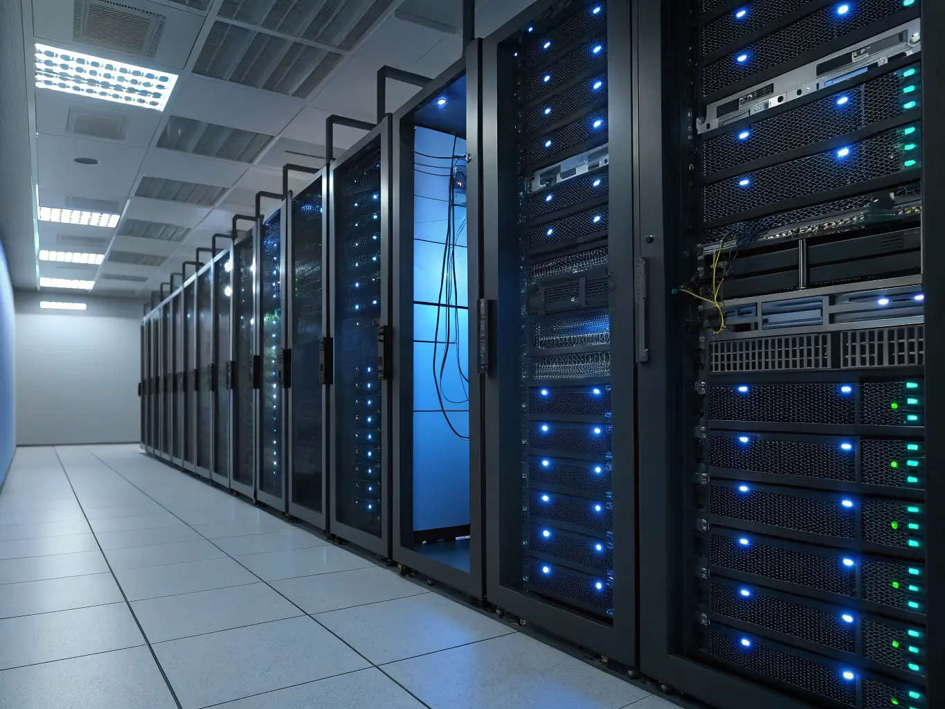 A secure network server room with blinking lights and visible cabling, representing network setup and security solutions.