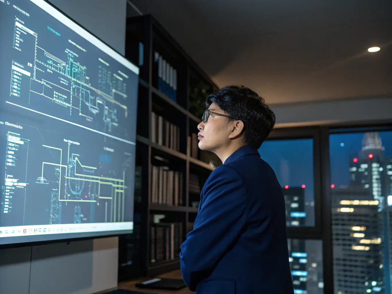 A professional IT consultant reviewing network infrastructure diagrams in a modern office setting, symbolizing expert IT consulting services.