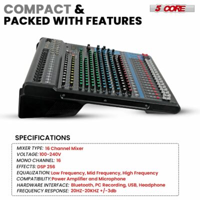 5Core Audio DJ Mixer 16 Channel Sound Board Console W 24 SPX Effect 48V Phantom Power
