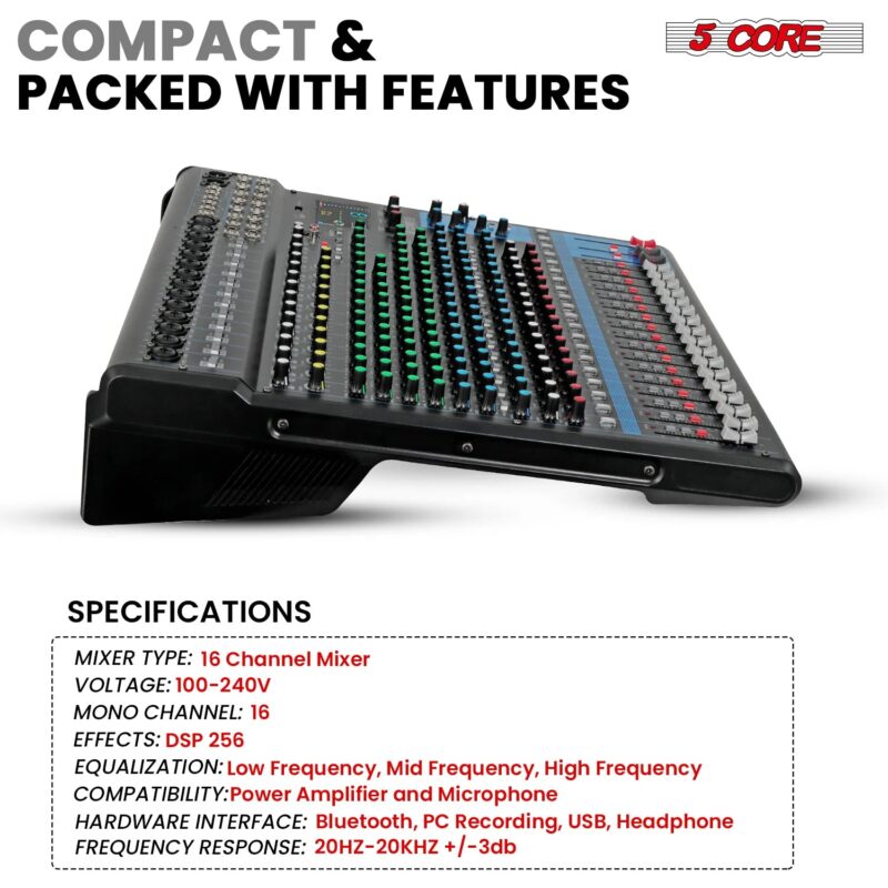 5Core Audio DJ Mixer 16 Channel Sound Board Console W 24 SPX Effect 48V Phantom Power