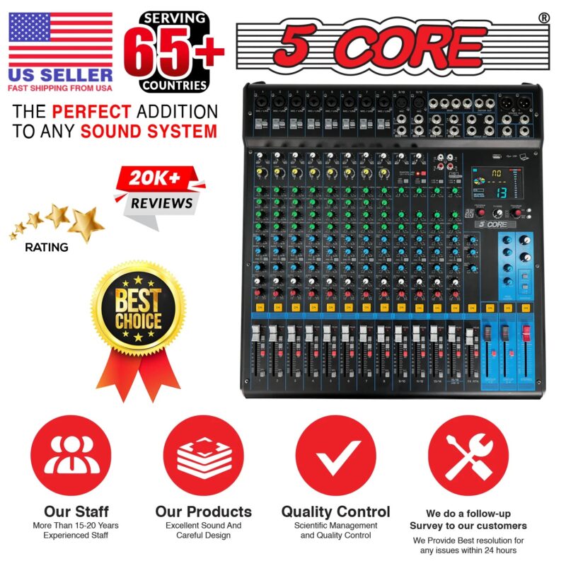 5Core Audio DJ Mixer 16 Channel Sound Board Console W 24 SPX Effect 48V Phantom Power
