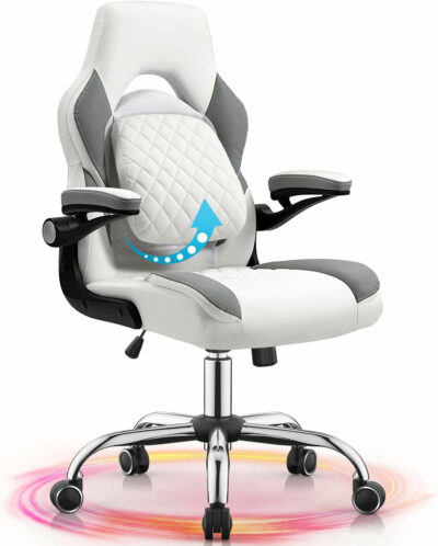 Most Comfortable Gaming Chai Ergonomic Office Chair PC Desk Chair with Lumbar Support Flip up Arms Racing Style PU Leather Executive Computer Chair for Adults,Grey