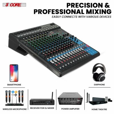 5Core Audio DJ Mixer 16 Channel Sound Board Console W 24 SPX Effect 48V Phantom Power